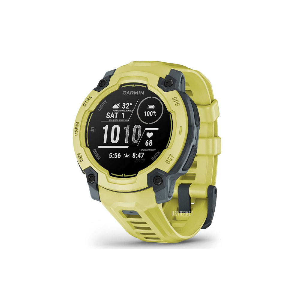 Garmin Instinct E ur i gul med digital skærm og GPS-funktioner