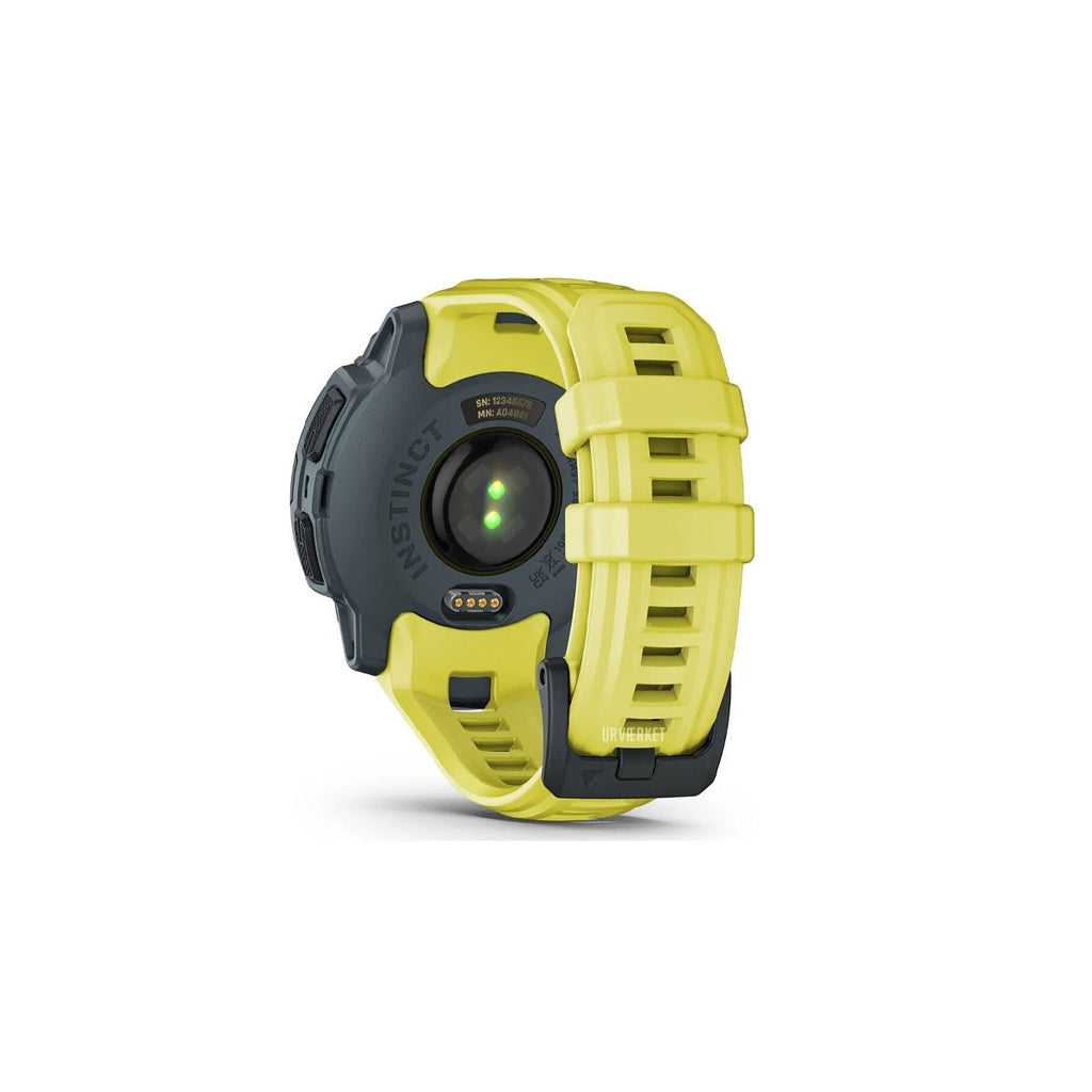 Garmin Instinct E ur med gult og gråt silikonearmbånd