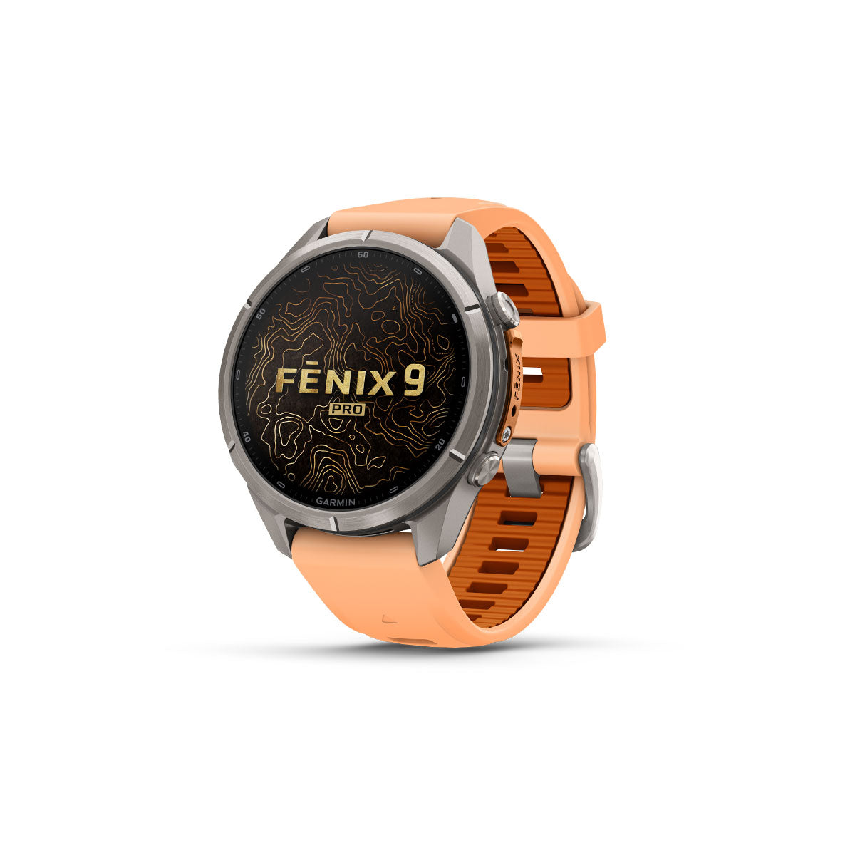 Garmin Fenix 9 Pro smartwatch med 43 mm titanium urkasse og orange rem