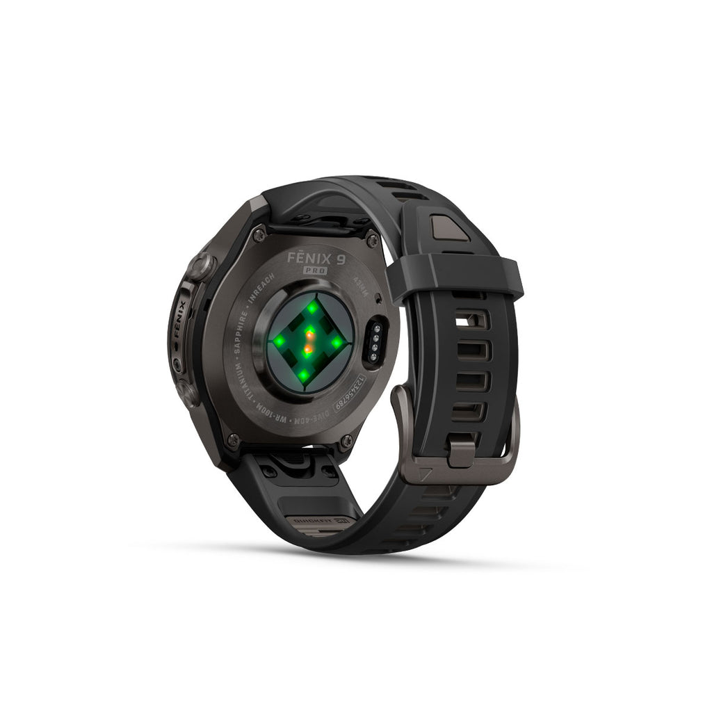 Garmin Fenix 9 Pro ur med 43 mm Ti DLC og grønt display