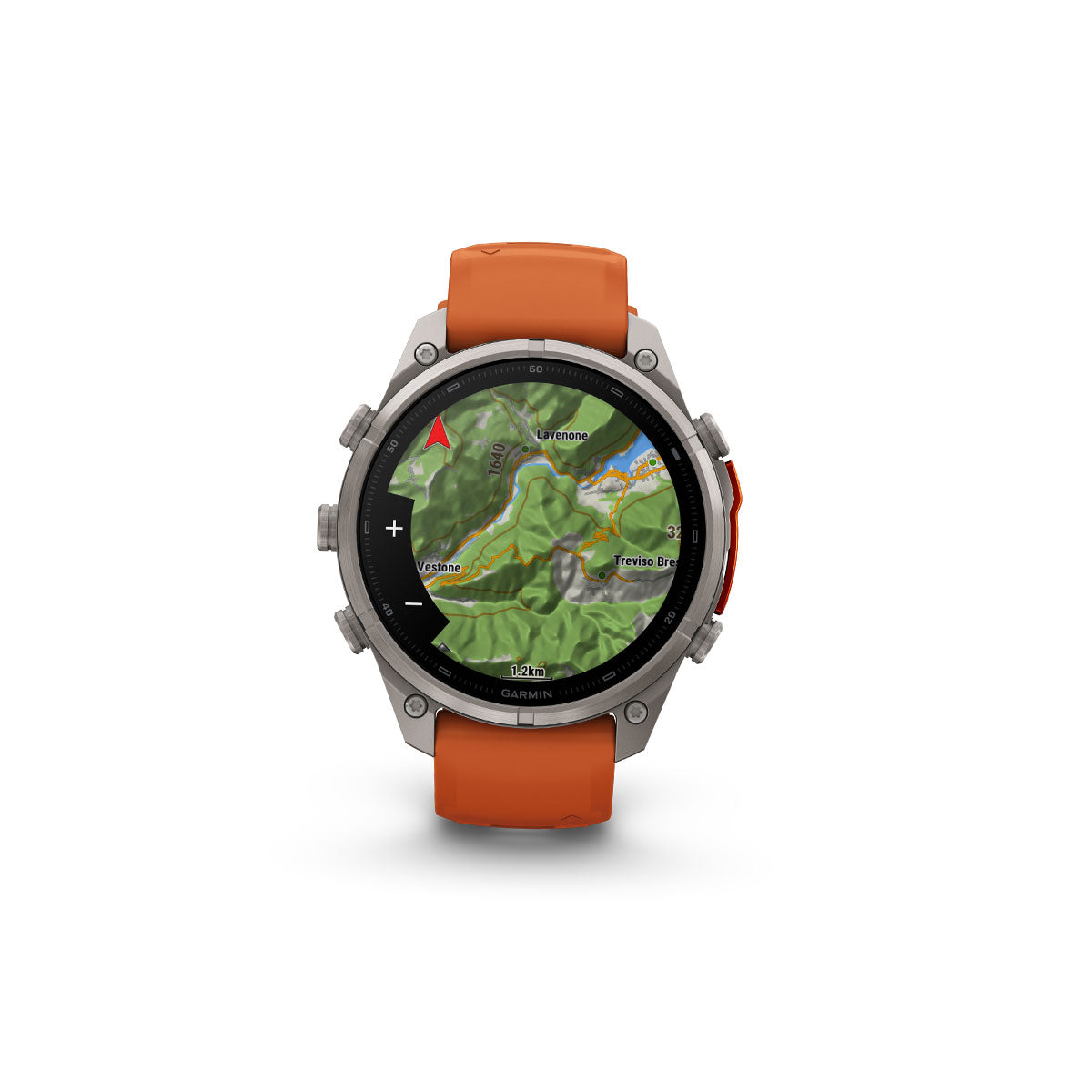 Garmin Fenix 9 Pro smartwatch med kortskærm og orange rem