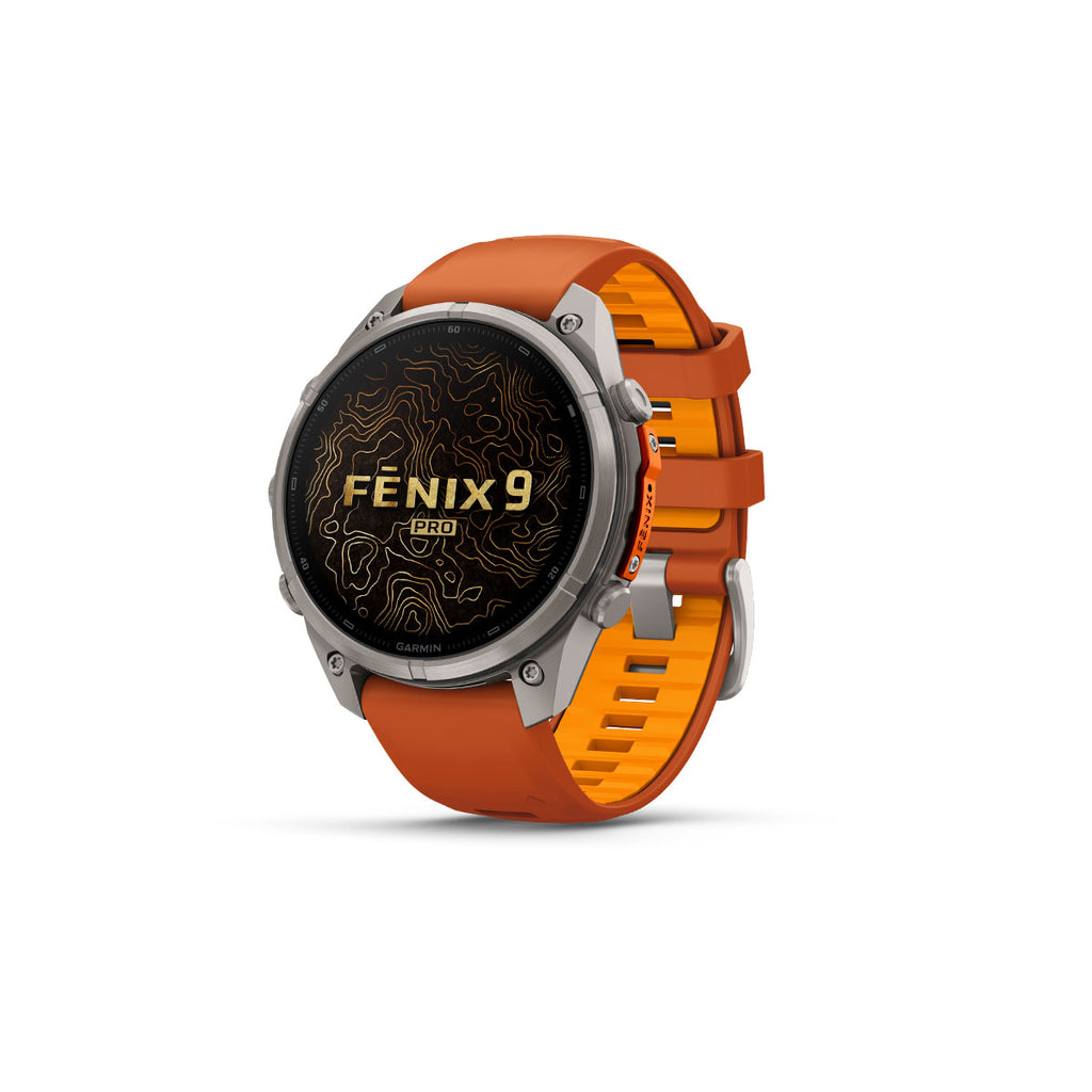 Garmin Fenix 9 Pro smartwatch med orange silikonerem og titanium-ramme 47 mm