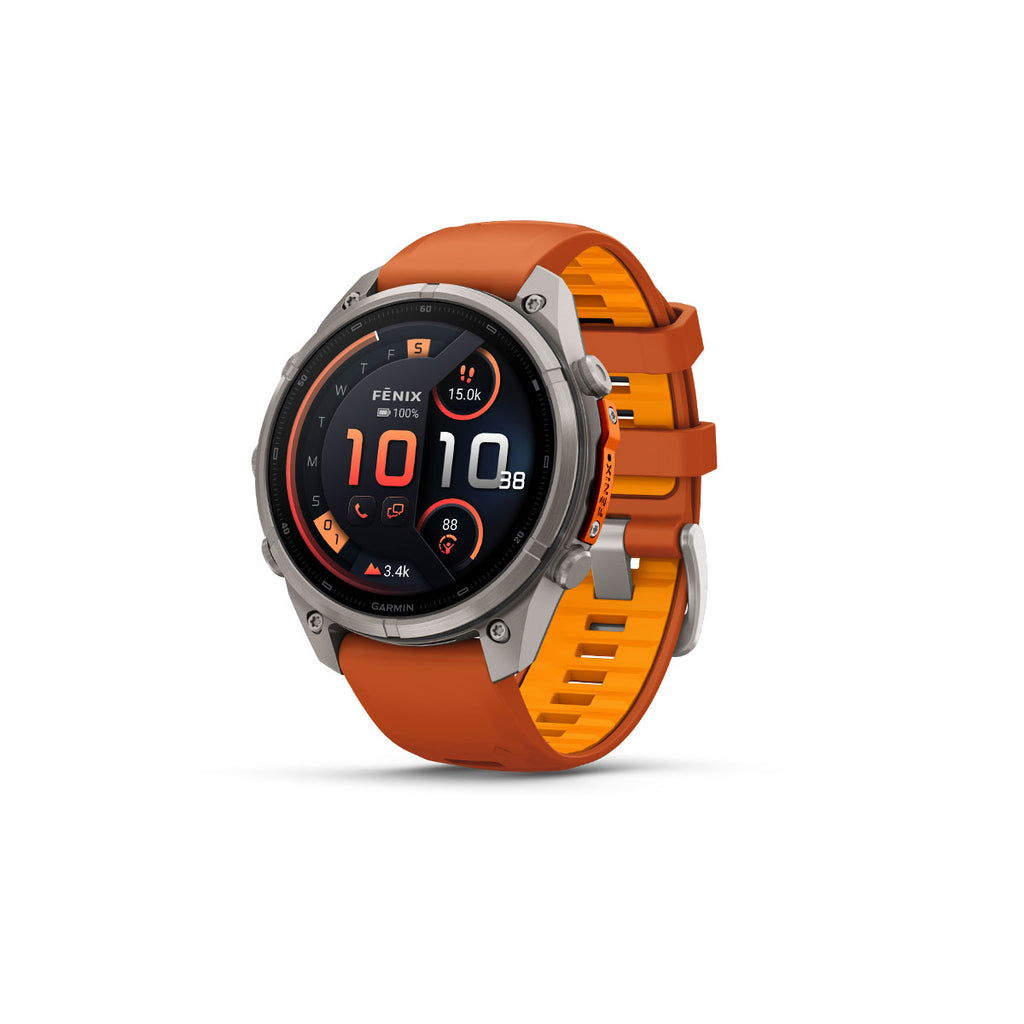 Garmin Fenix 9 Pro ur med orange silikonerem og sportsurdisplay