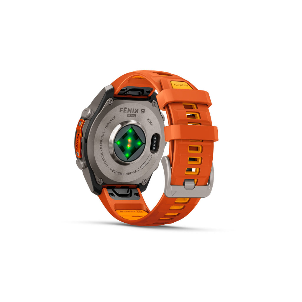 Garmin Fenix 9 Pro inReach smartwatch med orange rem og 47 mm urkasse