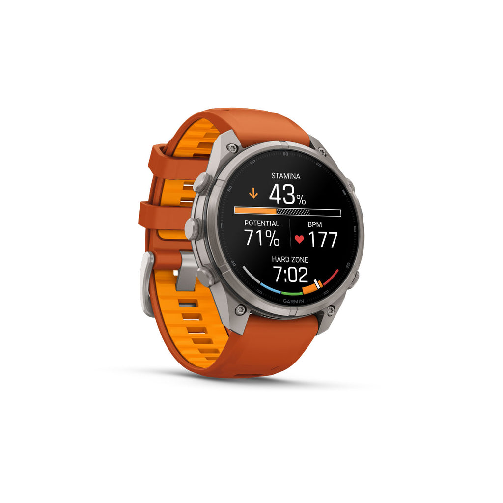 Garmin Fenix 9 Pro smartwatch med orange silikonerem og skærmvisning