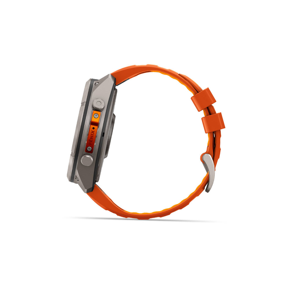 Garmin Fenix 9 Pro ur med orange rem og titanium smartwatchhus