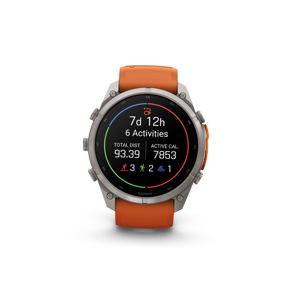 Garmin Fenix 9 Pro smartwatch med orange læderrem og aktivitetsdisplay