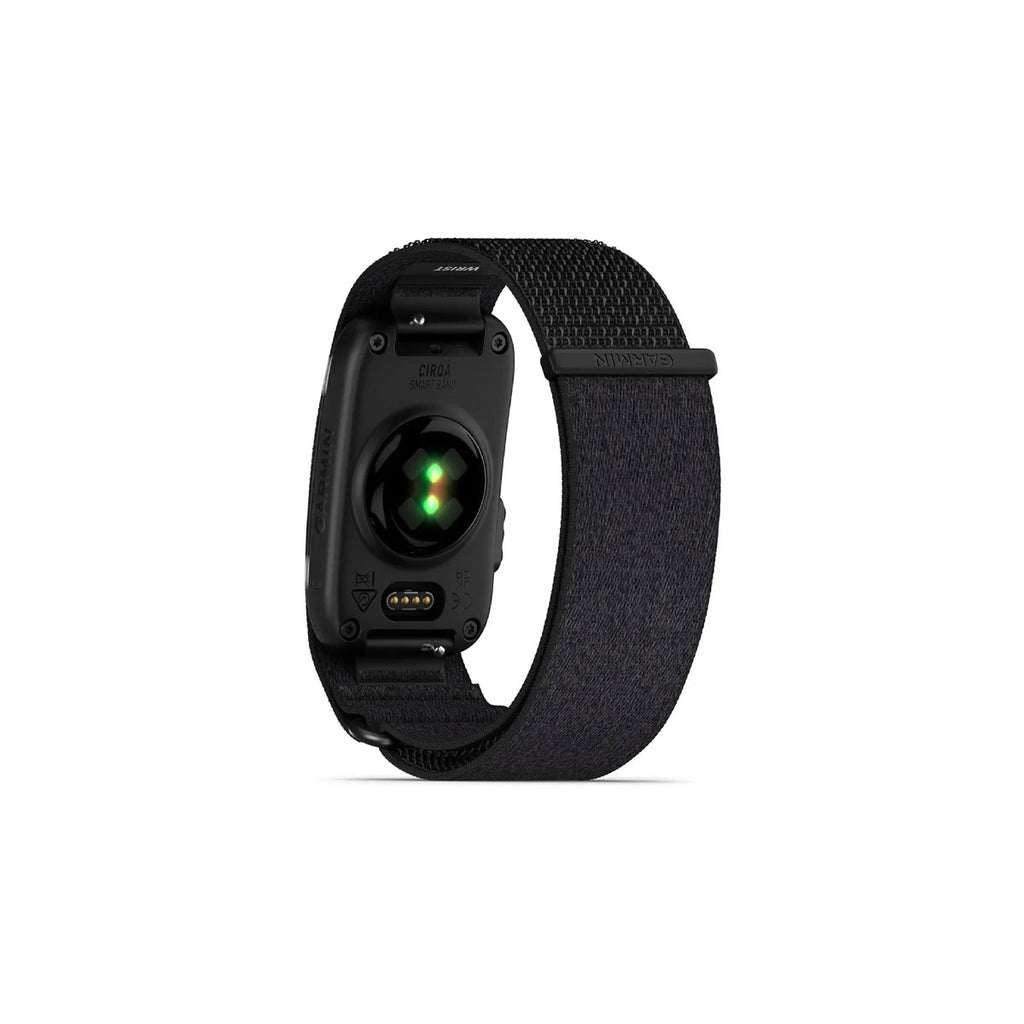 Garmin CIRQA smart band med sort tekstilrem og skærm med grønt lys