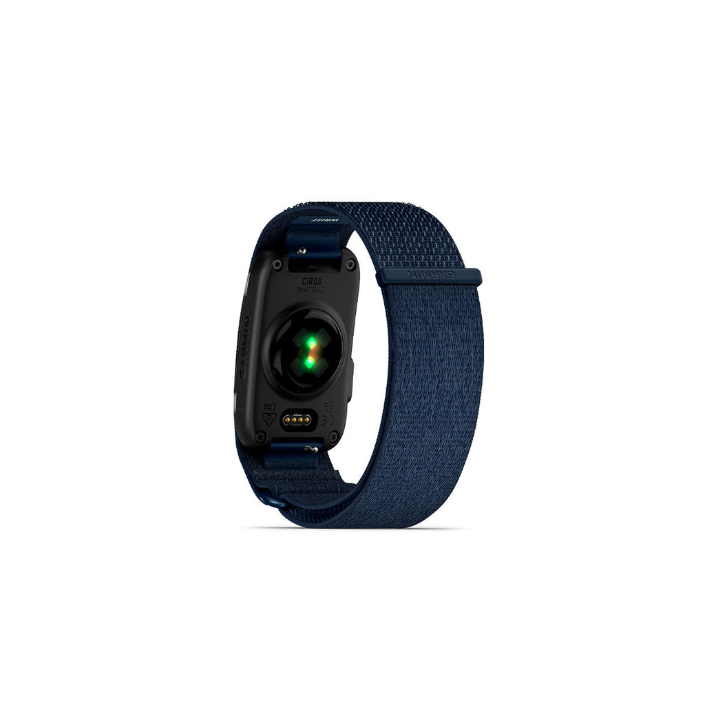 Garmin CIRQA smart band L-XL med blå tekstilrem og opladningskontakter