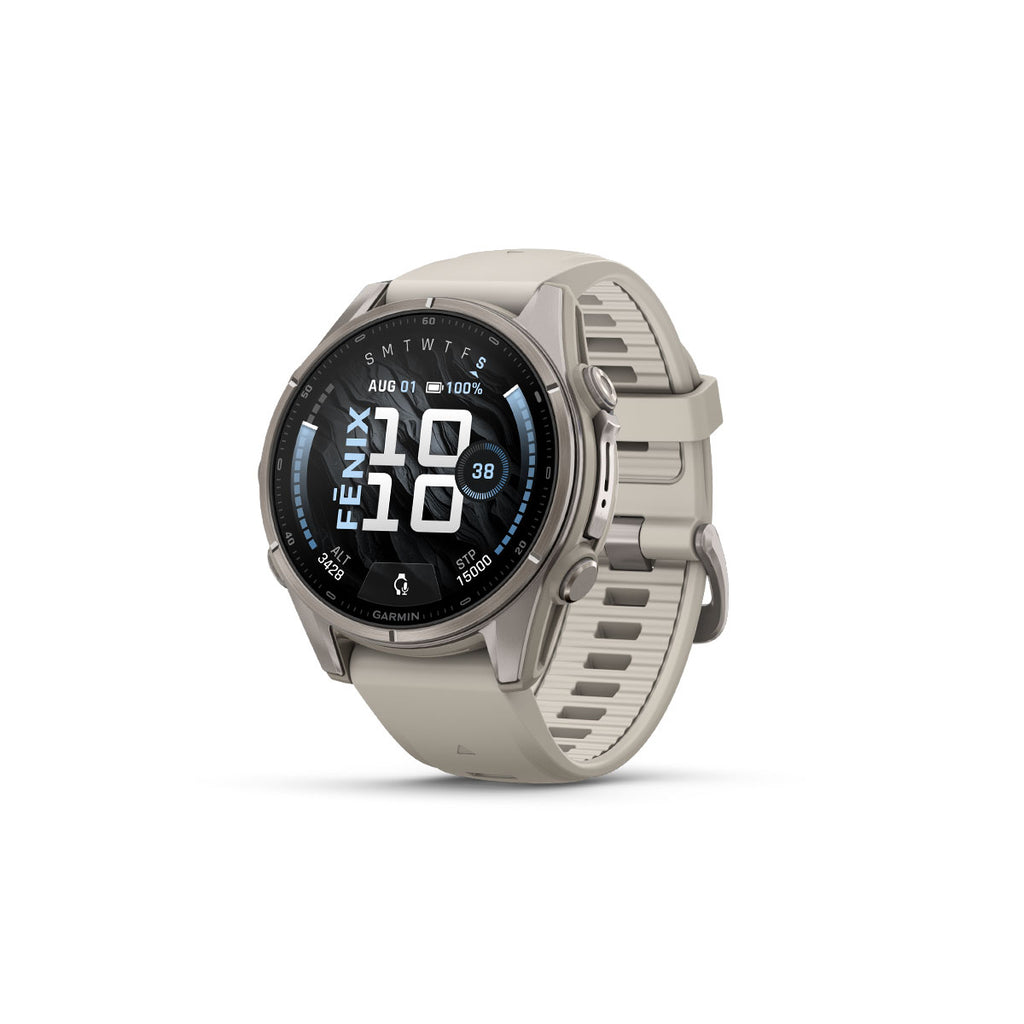 Garmin Fenix 9 43 mm titanium smartwatch med grå silikonerem