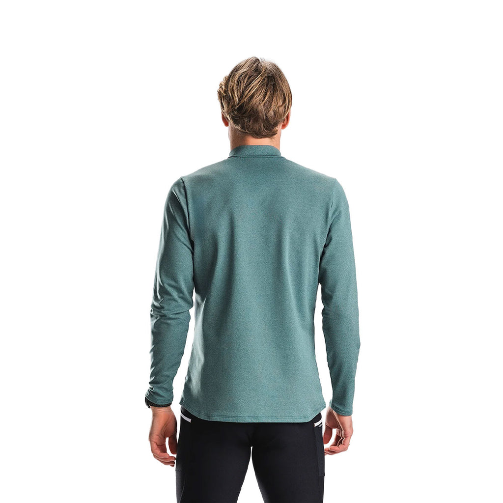 Mørkegrøn langærmet zip neck trøje til mænd, set bagfra