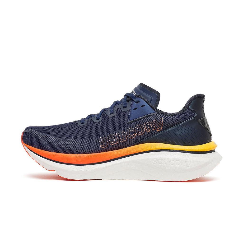 Saucony Endorphin Azura løbesko til herre med blå overdel og orange sål