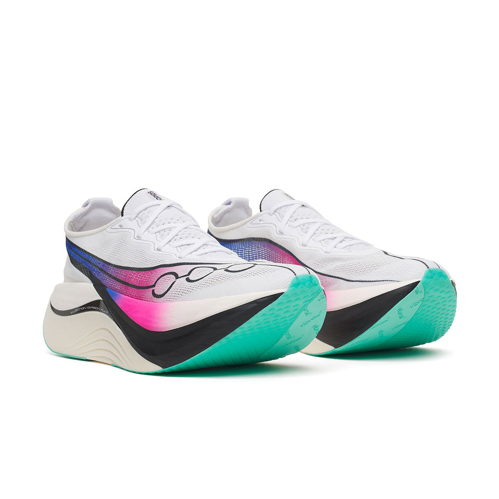Saucony Endorphin Zenith unisex løbesko i hvid med blå og pink detaljer