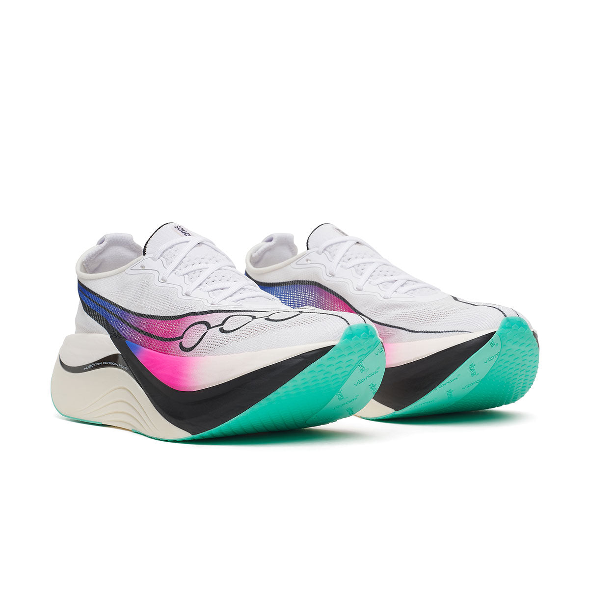 Saucony Endorphin Zenith unisex løbesko i hvid med blå og pink detaljer