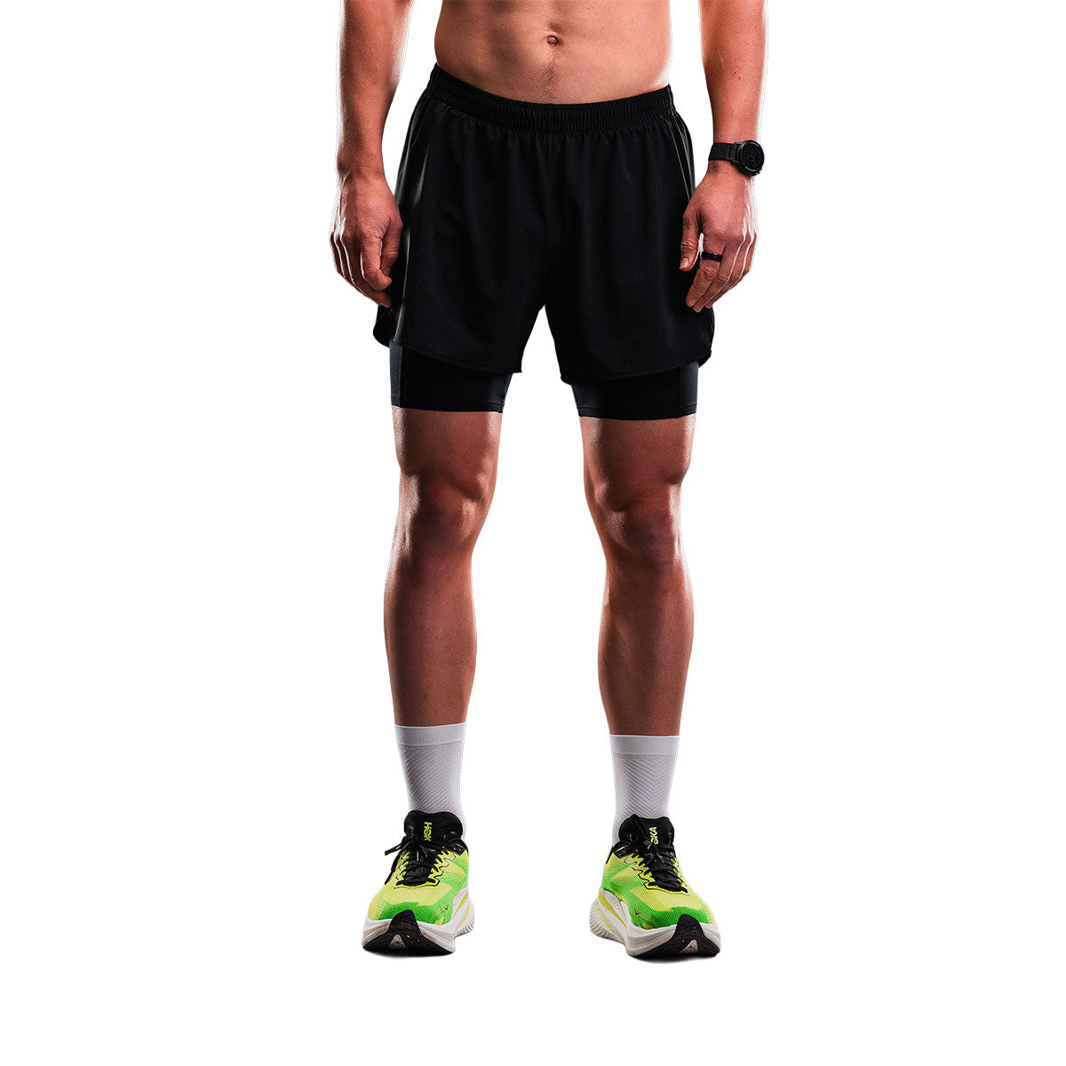 Fusion Tempo herre-løbershorts med indvendig kompressionsshorts, sort og elastisk talje