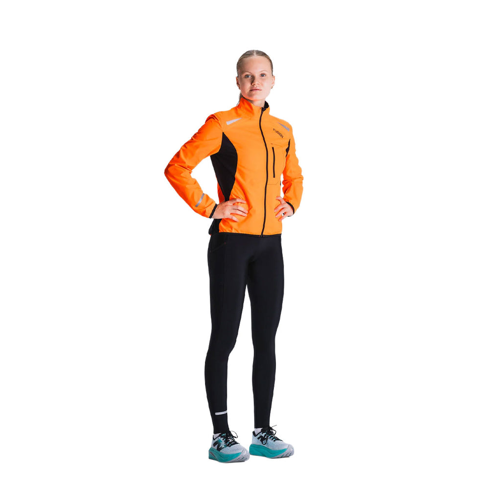 Orange og sorte lange tights til dame med sportsmønster