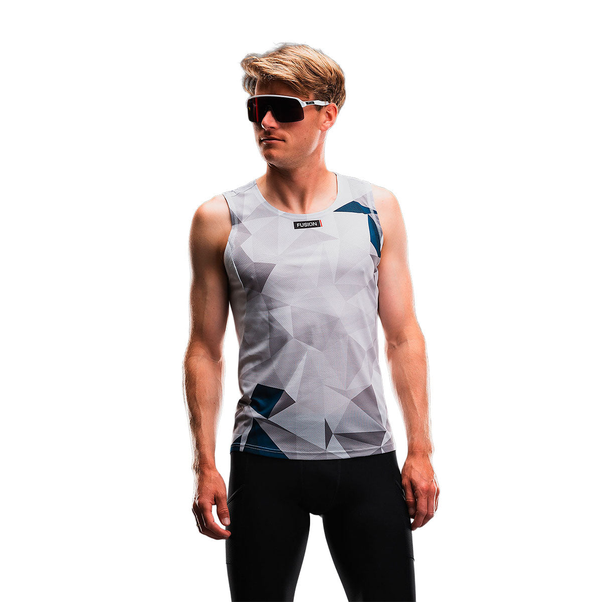 Fusion Tempo Pro herre løbesinglet med gråt geometrisk mønster og blå detaljer
