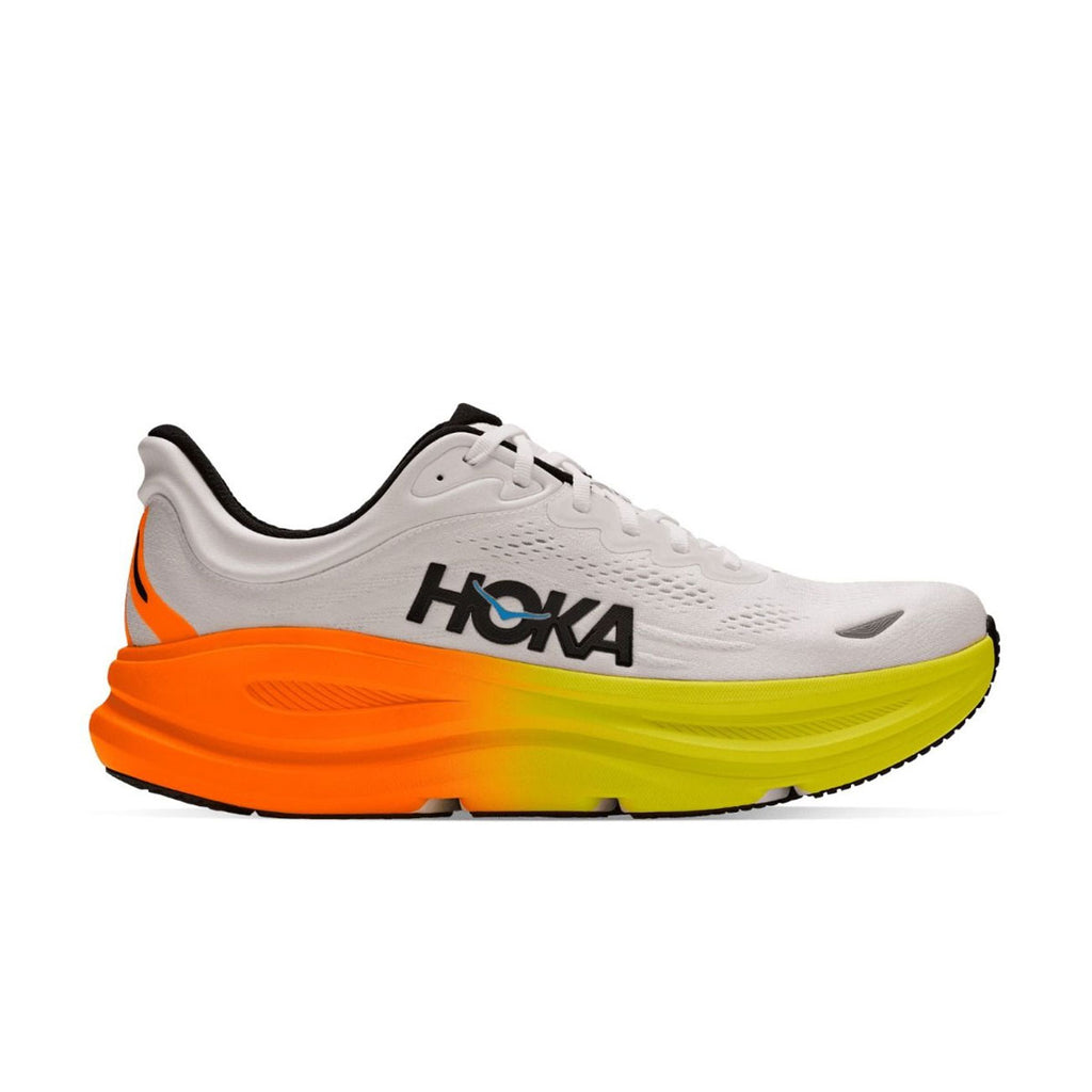 Hoka Bondi 9 herreløbesko med hvid overdel og orange/grøn sål