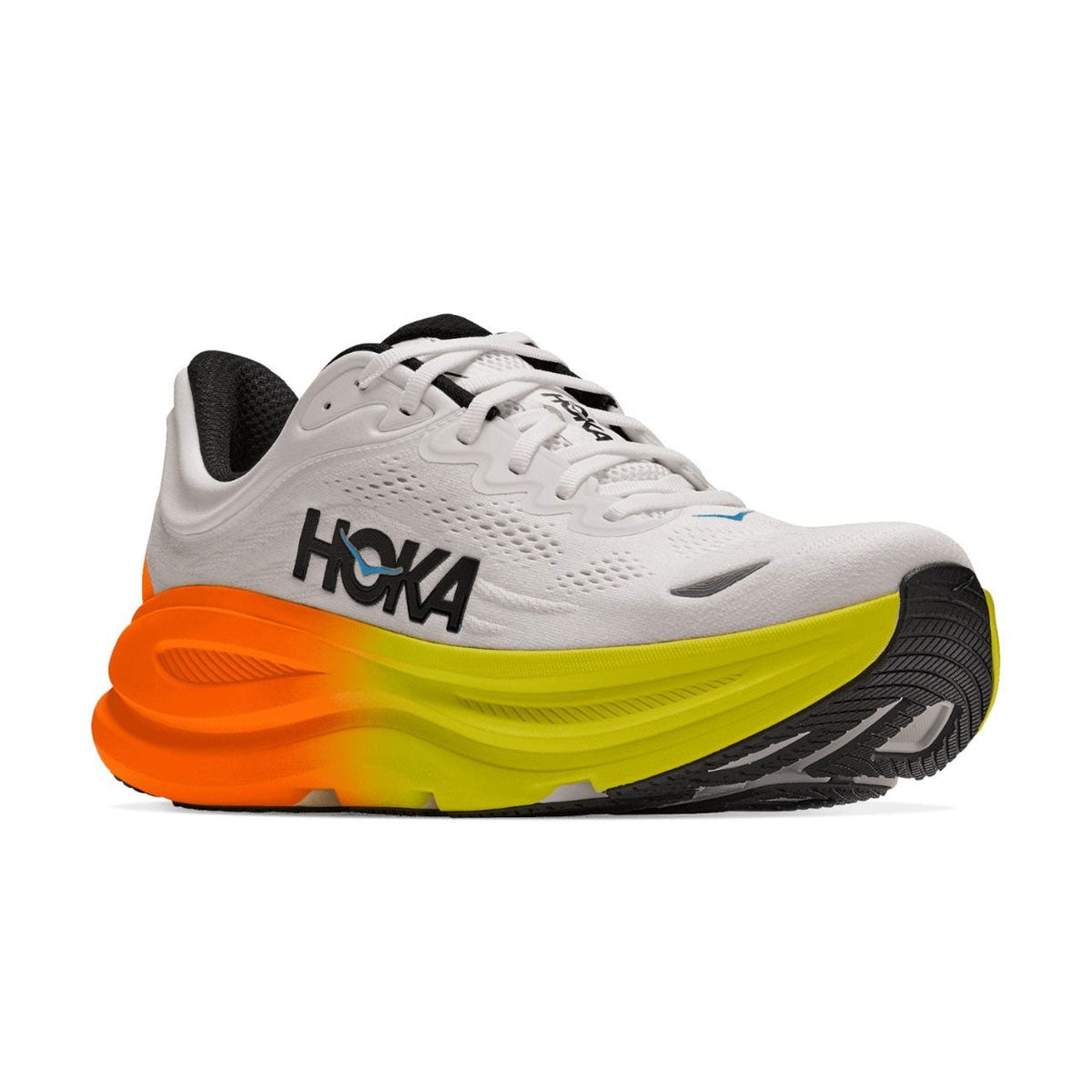 Hoka Bondi 9 herreløbesko i hvid med orange og gul sål