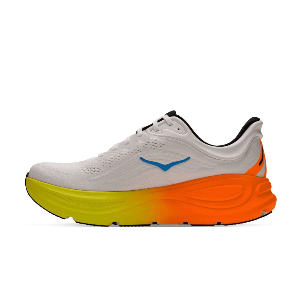 Hoka Bondi 9 herre løbesko i hvid med blå logo og orange sål