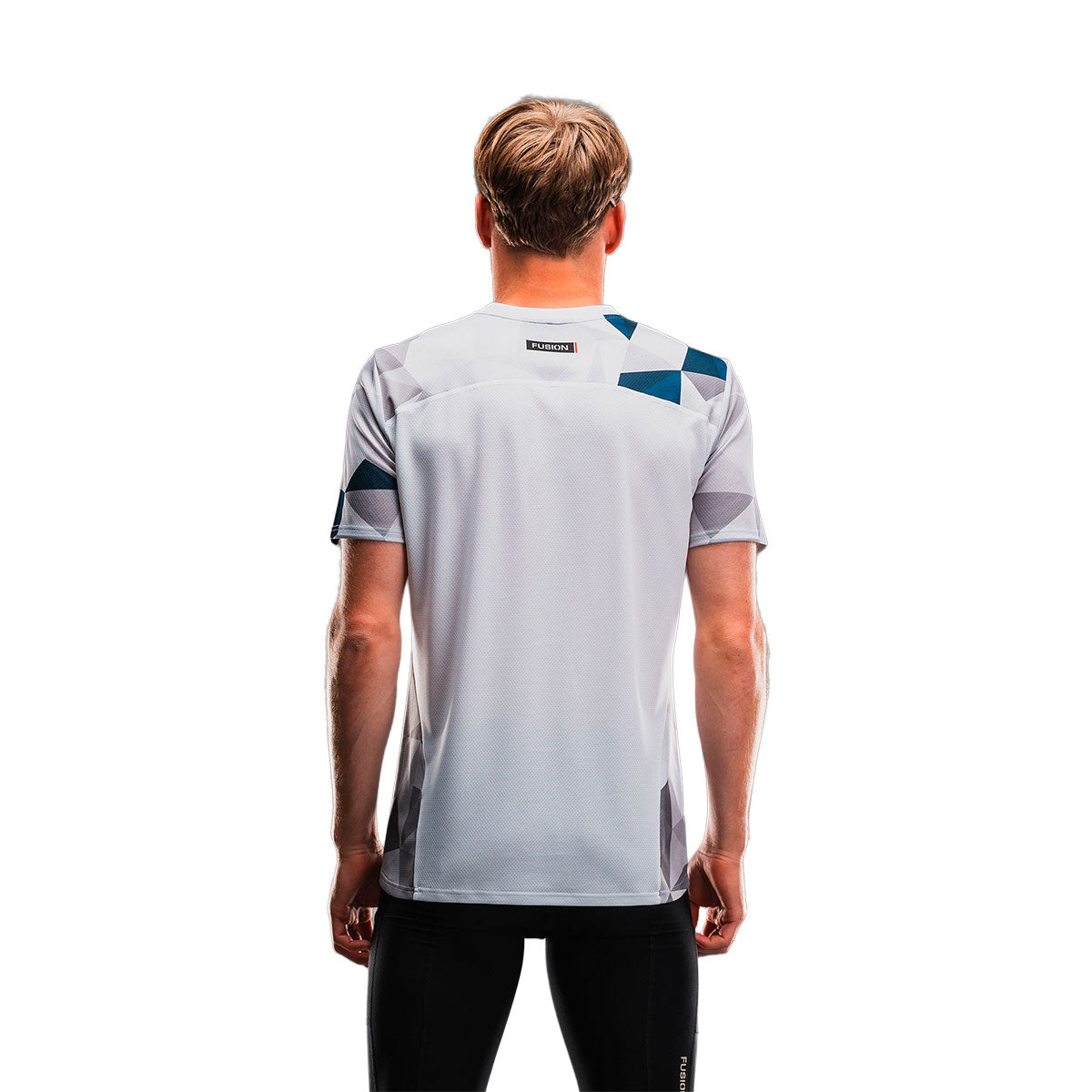 Fusion Tempo Pro herre T-shirt med geometrisk blå og grå mønster