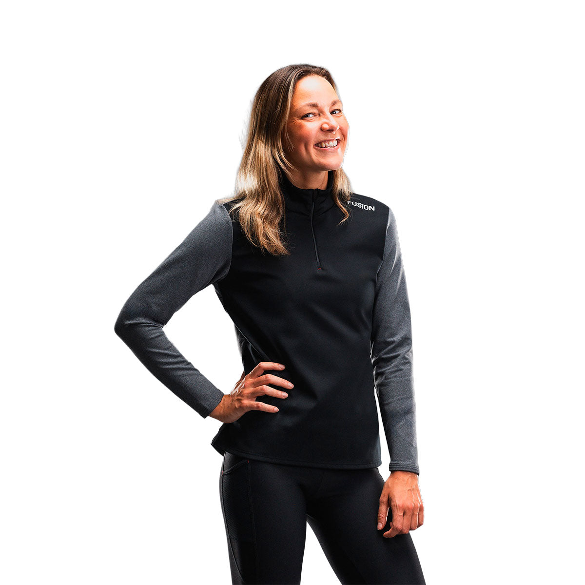 Kvinders langærmede zip-neck trøje Fusion Tempo med sort og grå ærmer