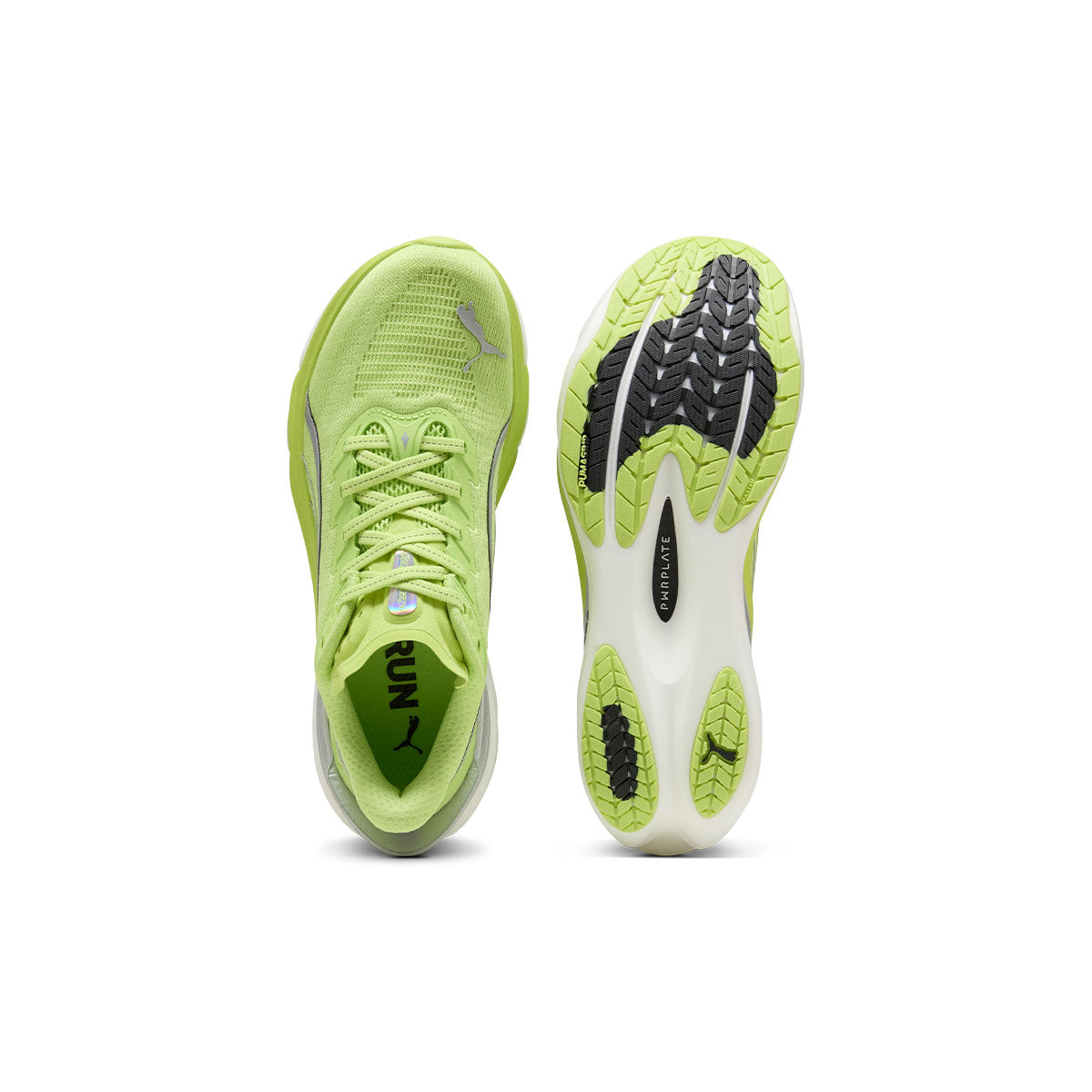 Puma Deviate NITRO 4 Dame løbesko i grøn farve, set forfra og underside
