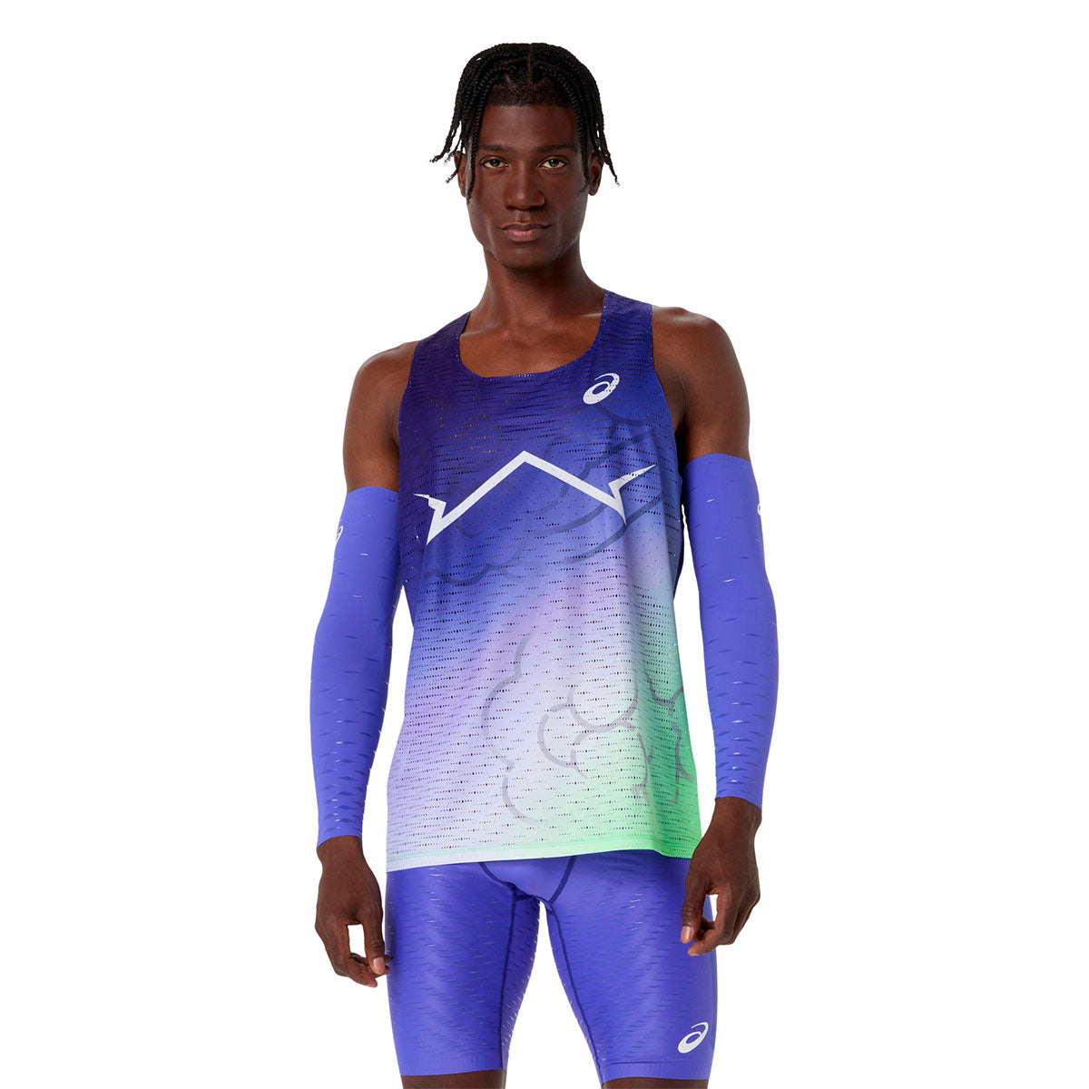 ASICS Metaspeed singlet til mænd i blå og grøn gradient