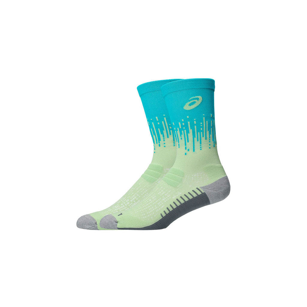Asics Performance Run Sock Crew i grøn og blå med grafisk mønster