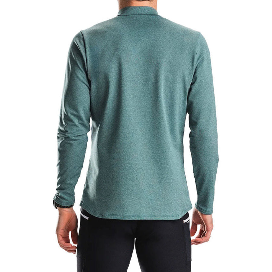 Mørkegrøn langærmet zip neck trøje til mænd, set bagfra