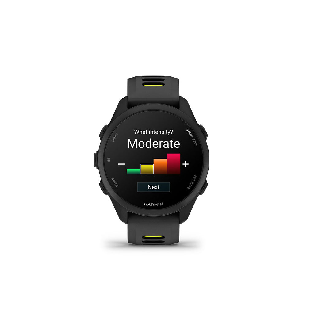 Garmin Forerunner 170 sort med gul detaljer og skærmvisning