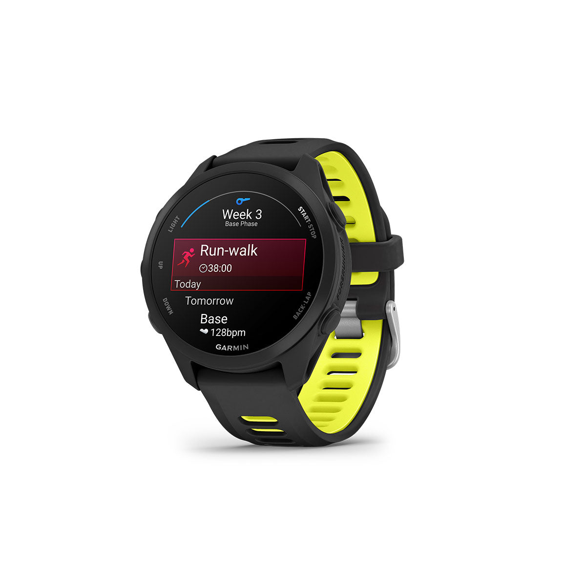 Garmin Forerunner 170 sort med gul rem og løbeapp skærm