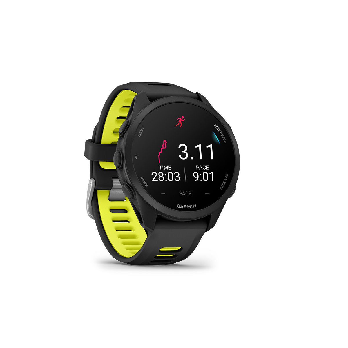 Garmin Forerunner 170 i sort og gul med løbeinformationer