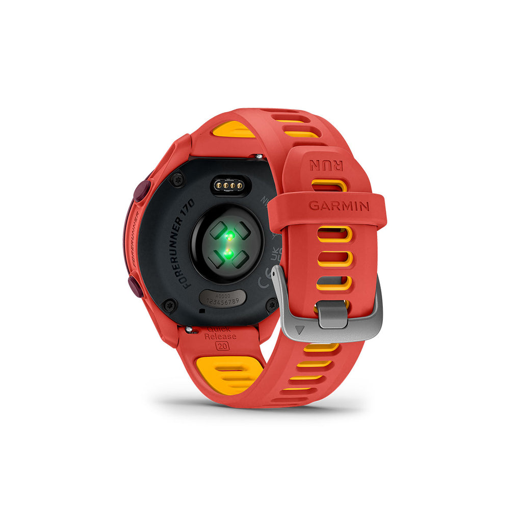 Garmin Forerunner 170 Music i rød og pink med sensor på bagsiden