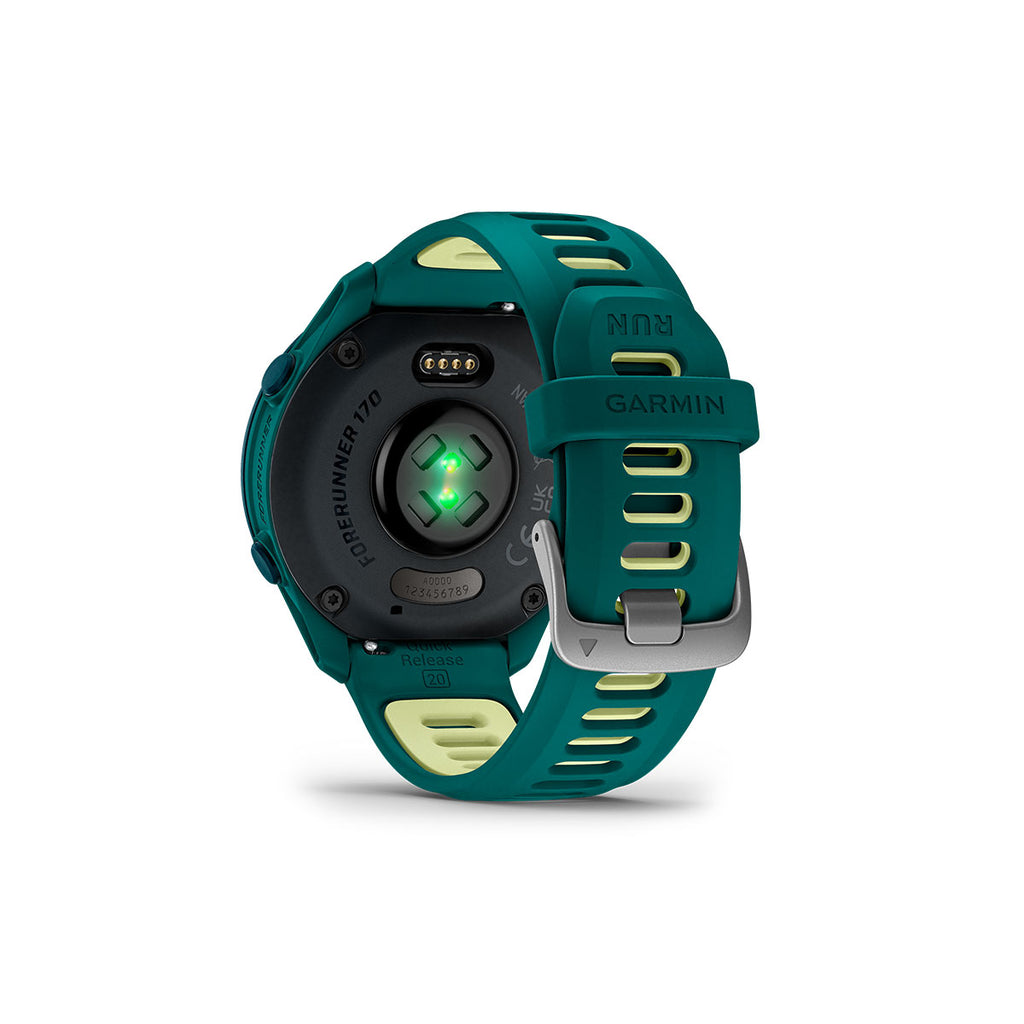 Garmin Forerunner 170 Music i teal grøn med pulsmåler på bagsiden