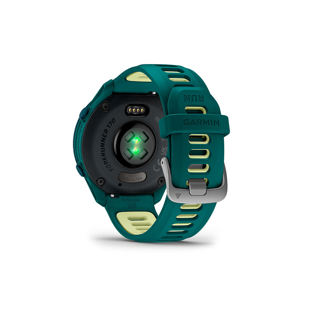 Garmin Forerunner 170 Music i teal grøn med pulsmåler på bagsiden