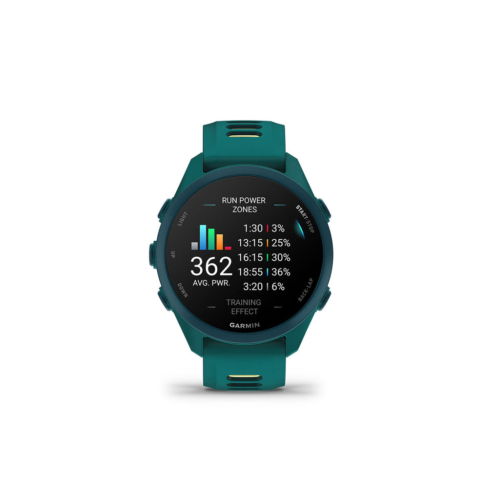 Garmin Forerunner 170 Music i teal grøn med træningsdata på skærmen