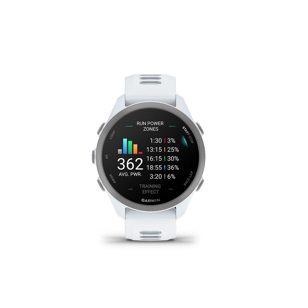 Garmin Forerunner 170 Music i hvid med træningsdata på skærmen