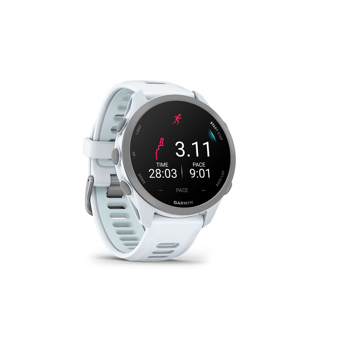Garmin Forerunner 170 Music i hvid med løbeinformationer på skærmen