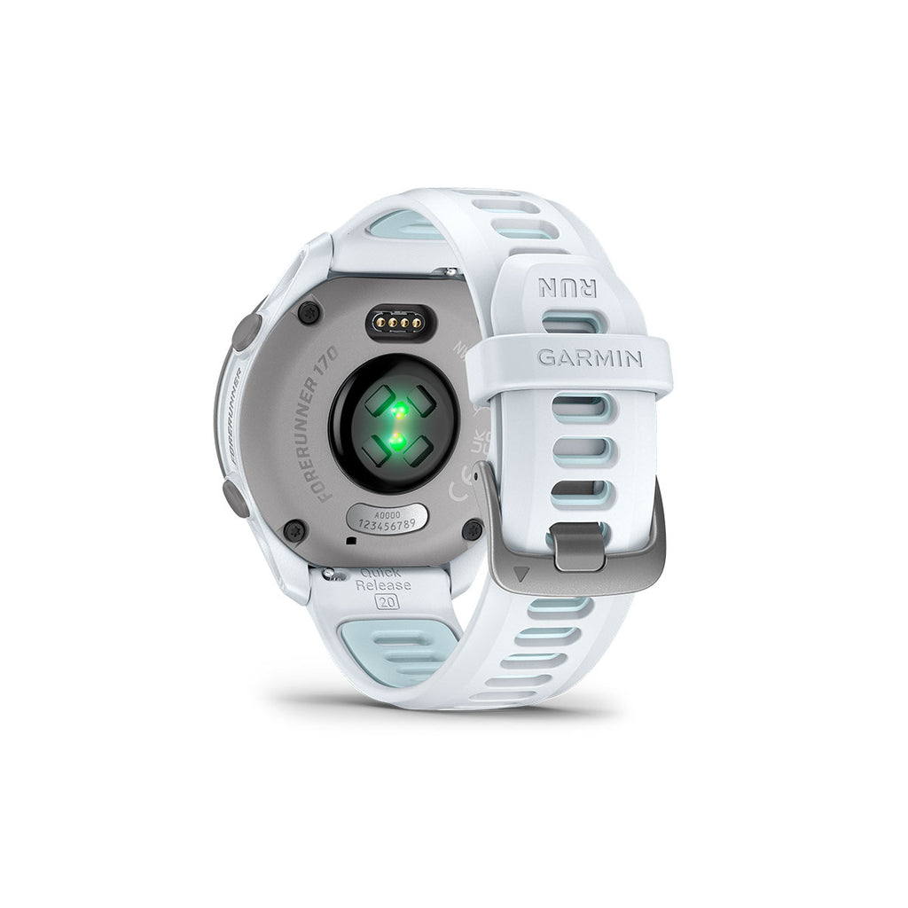 Garmin Forerunner 170 i hvid og lyseblå med pulsmåler på bagsiden