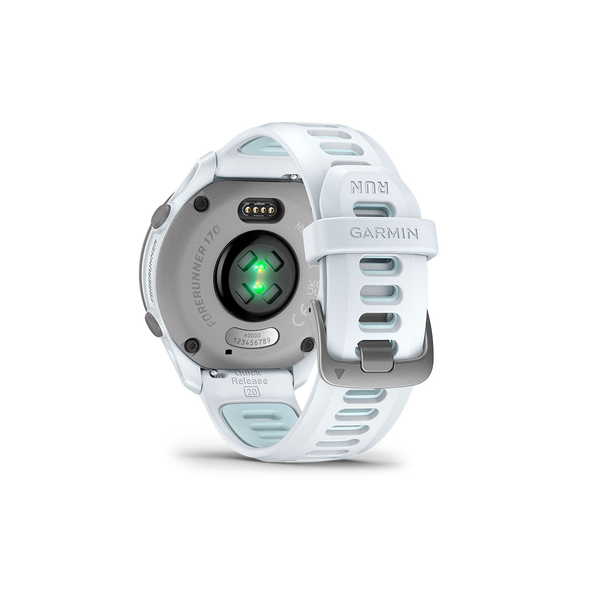 Garmin Forerunner 170 i hvid og lyseblå med pulsmåler på bagsiden