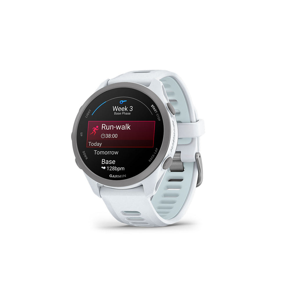 Garmin Forerunner 170 i hvid og lyseblå med løbeindstillinger