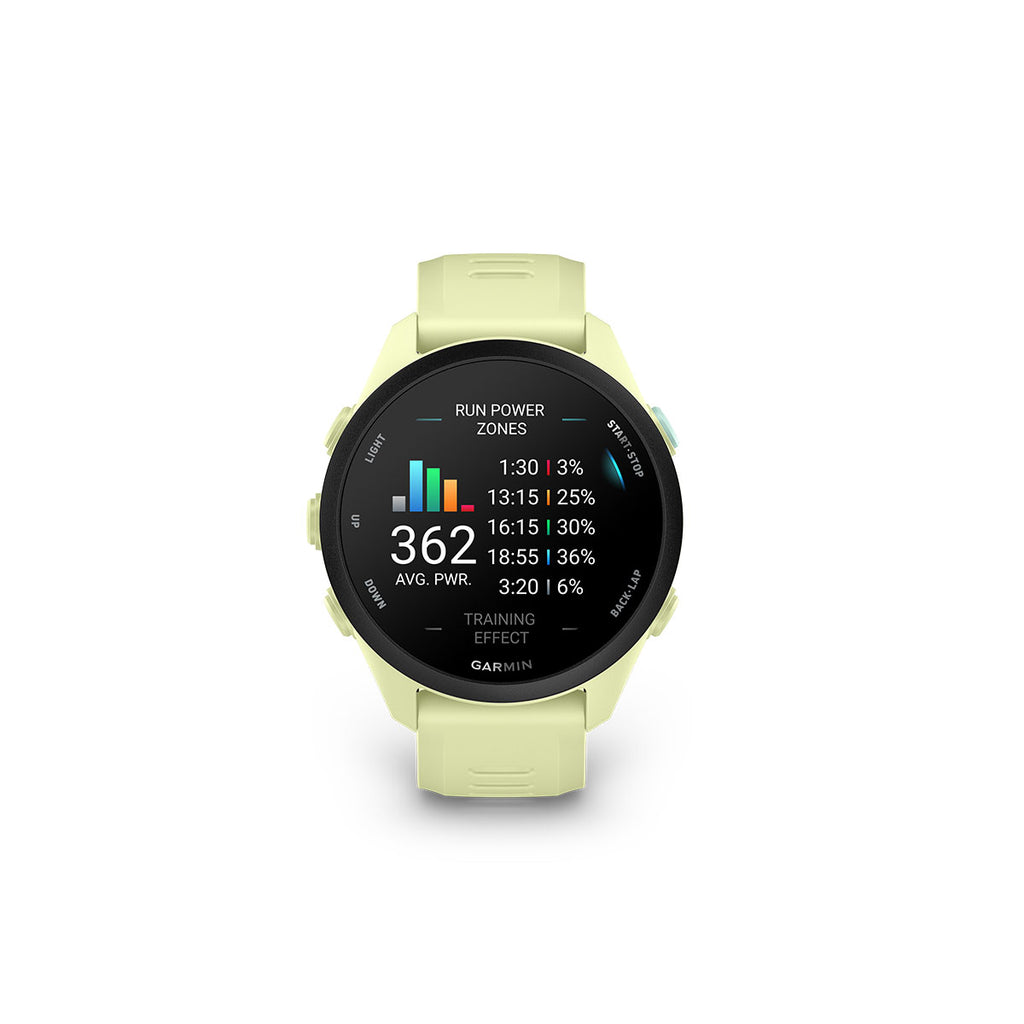 Garmin Forerunner 70 i citron med træningsdata og grafisk skærm