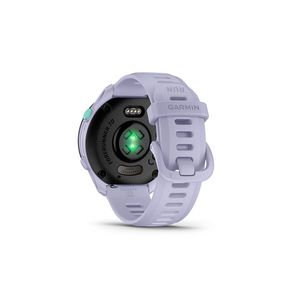Garmin Forerunner 70 i cool lavendel med pulsmåler på bagsiden
