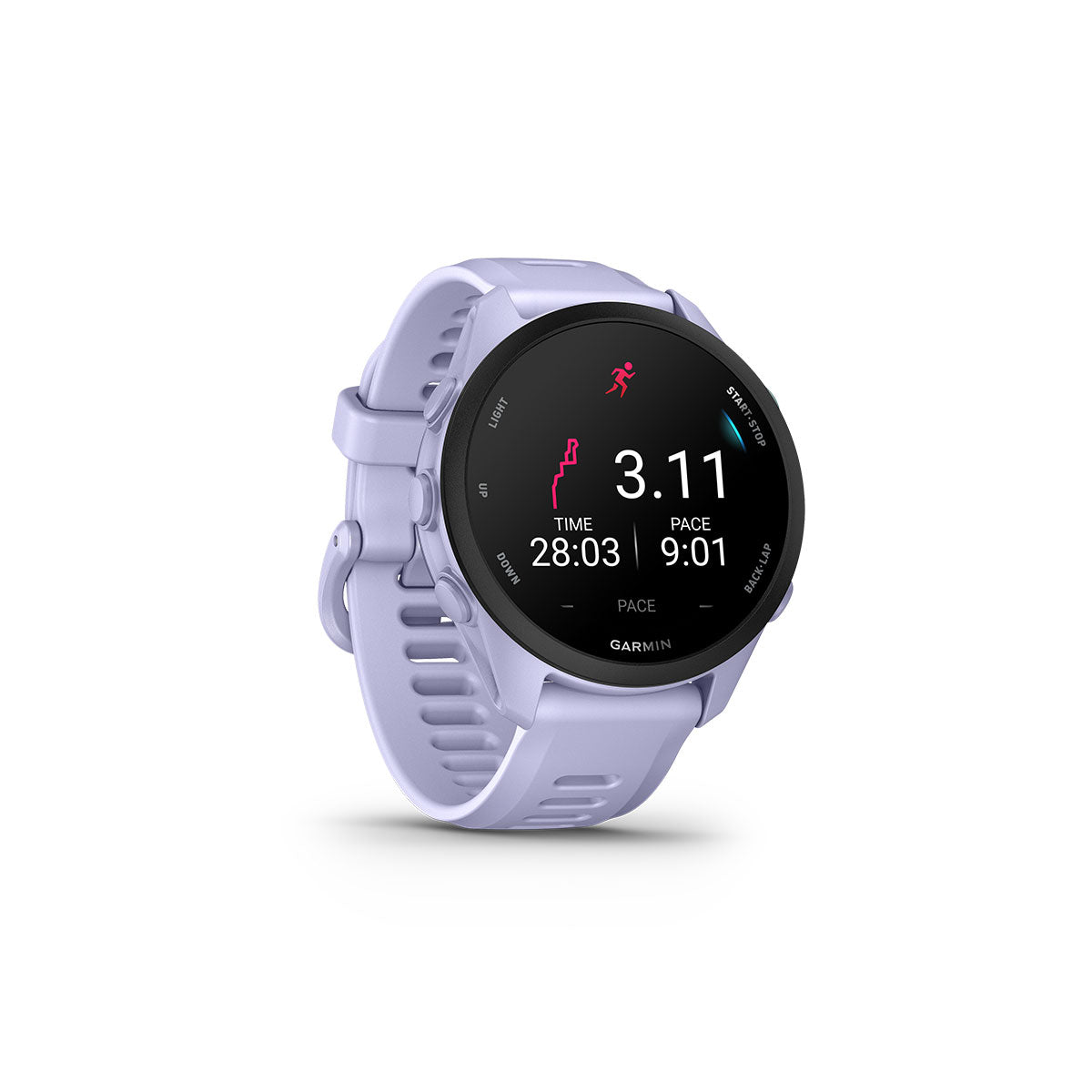 Garmin Forerunner 70 i cool lavendel med løbetid og pace visning