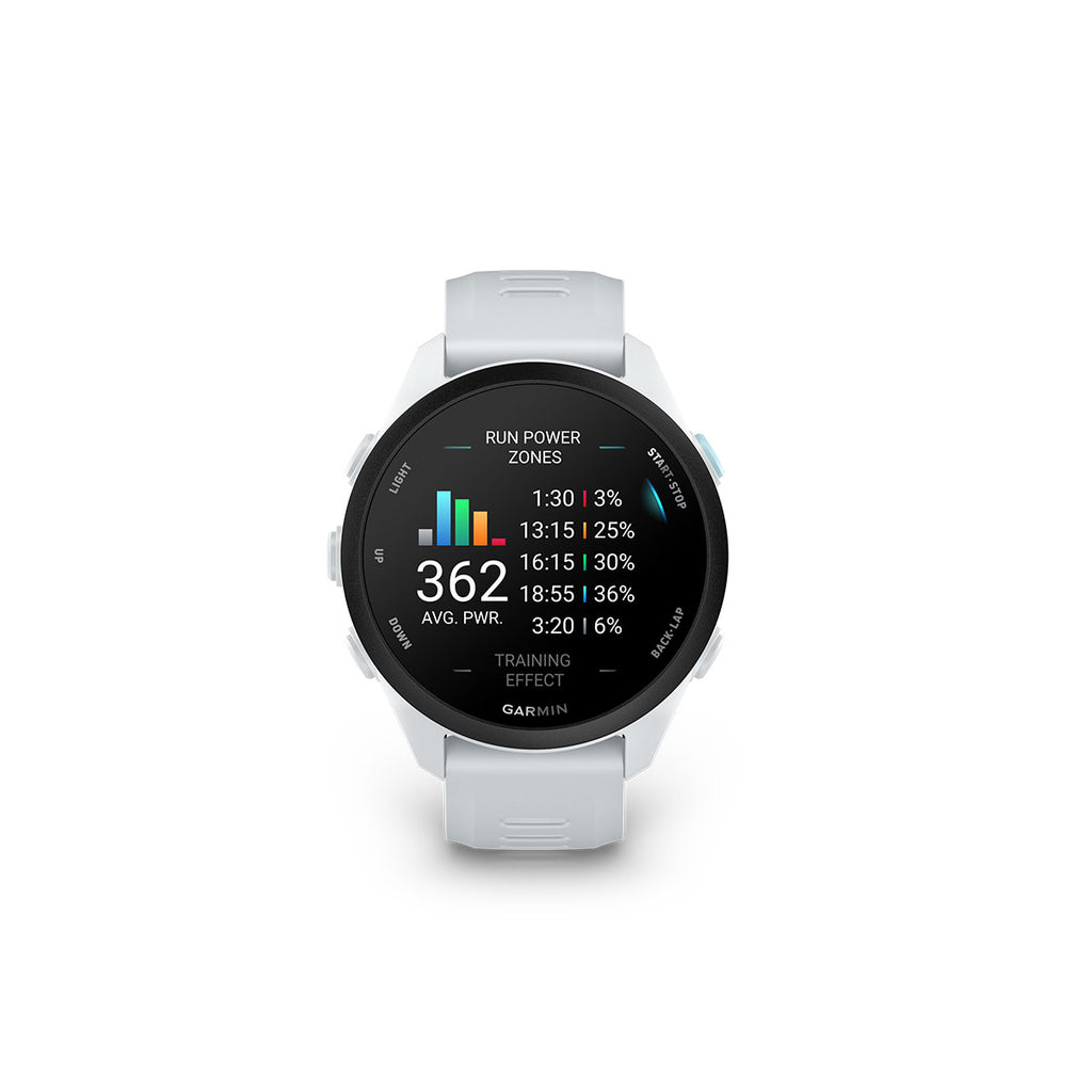 Garmin Forerunner 70 i hvid med aktivitetsdata på skærmen