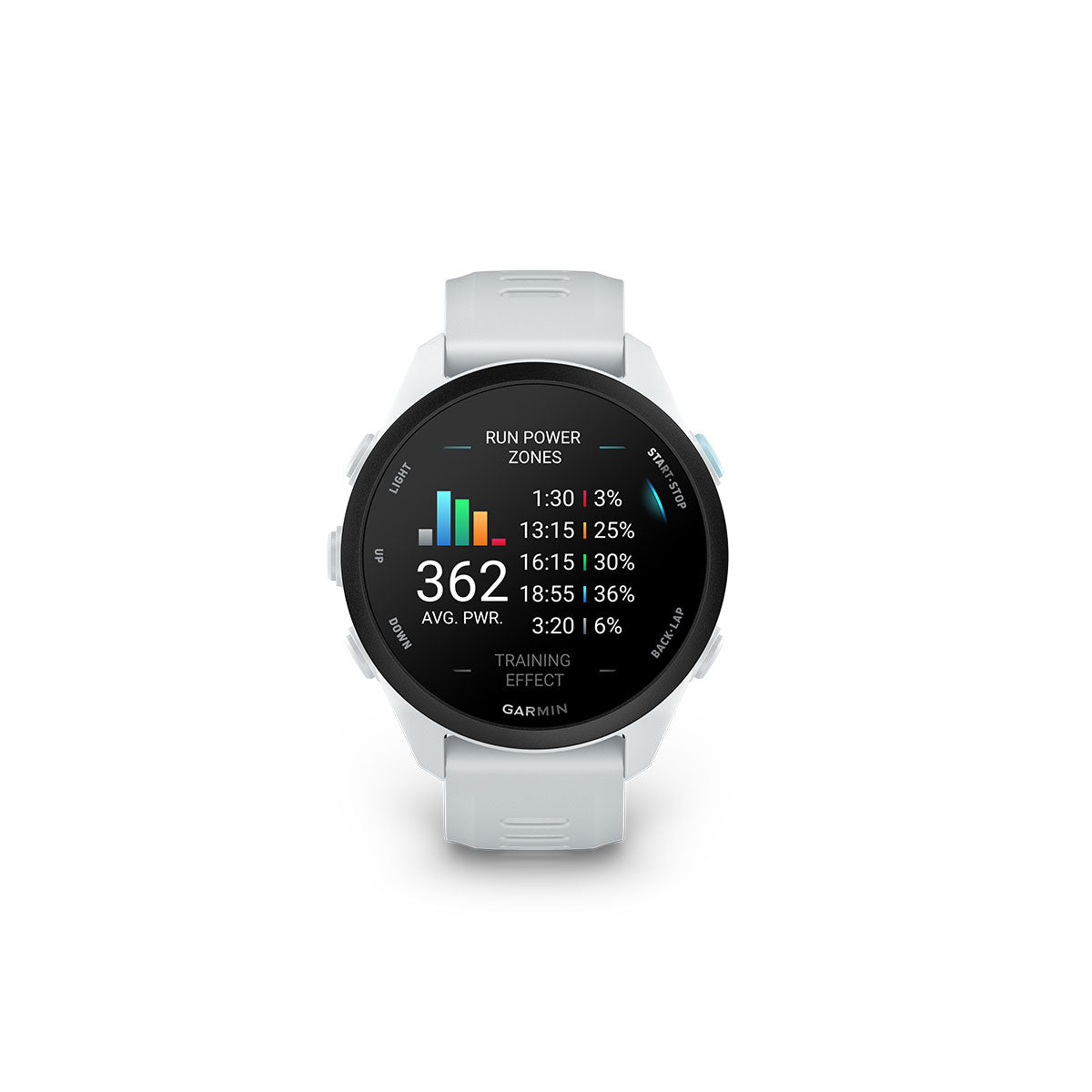 Garmin Forerunner 70 i hvid med aktivitetsdata på skærmen