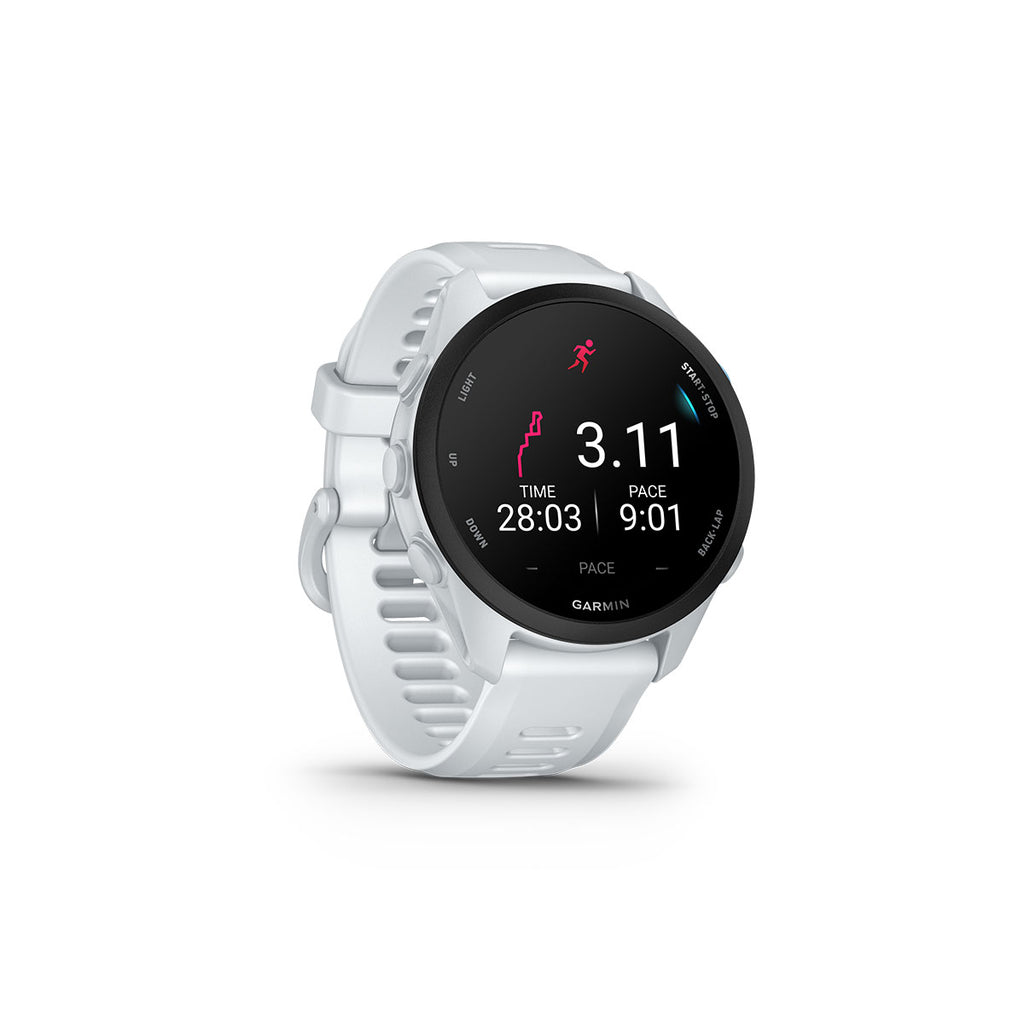 Garmin Forerunner 70 i hvid med løbeinformation på skærmen