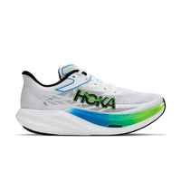 HOKA U Rocket X 3 løbesko i hvidt med blå og grønne detaljer