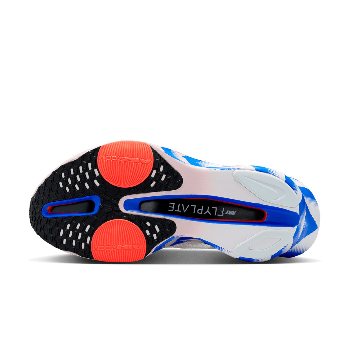 Nike Alphafly Next% 3 løbesko sål set nedefra, blå og hvid